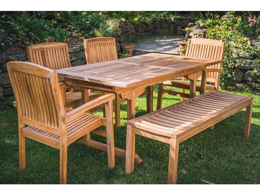 1.6m rectangular Pedestal Patio Set with 4 Charlotte Stacking Chairs and Backless Bench