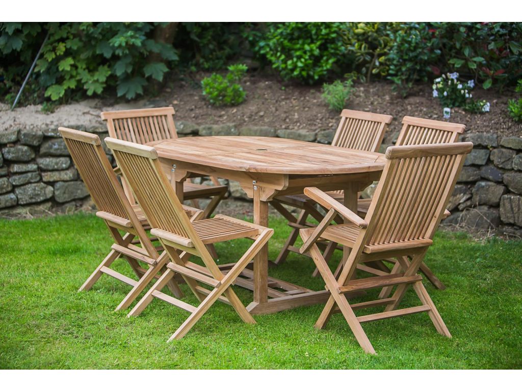 1.6m Solid Teak Oval Pedestal Table and Folding Patio Furniture Set (combo)