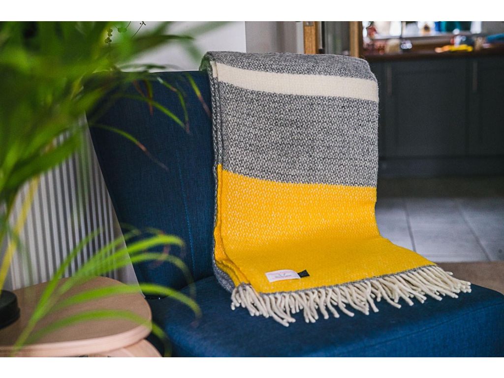 Illusion Panel Yellow and Grey 100% Wool Sofa Throw and Bed Blanket