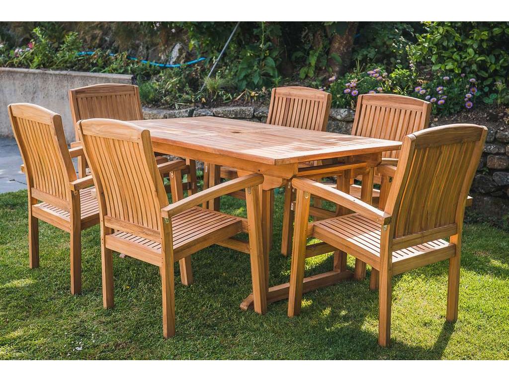 Solid Teak 1.6m Rectangular Chunky Pedestal Table with 6 Charlotte stacking chairs 
