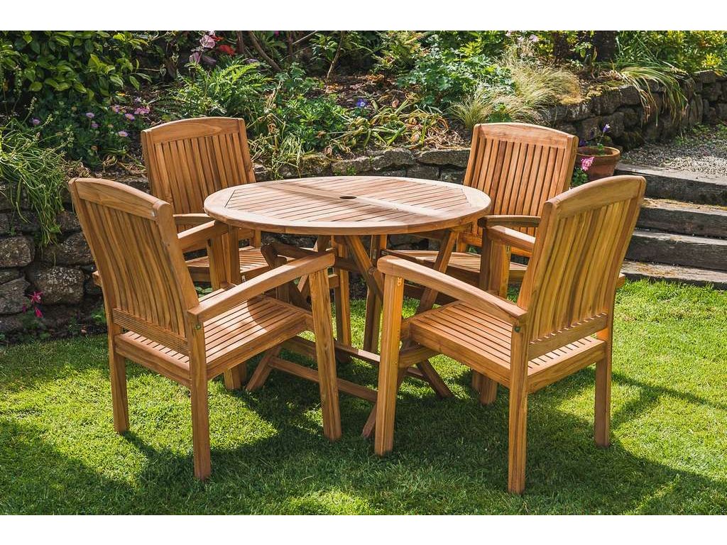 Solid Teak 1m Circular Folding Table with 4 Charlotte Stacking Chairs Patio Set
