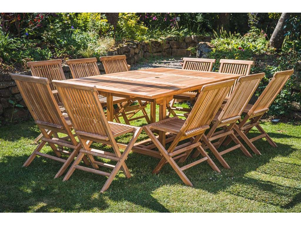 Solid Teak Square to Rectangular 1.2m - 1.8m Table and 10 Folding Chair Patio Set