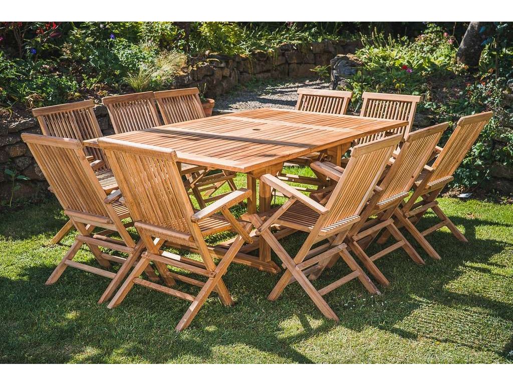 Square Extending 1.2m - 1.8m Solid Teak Table and 10 Folding Armchair Patio Set
