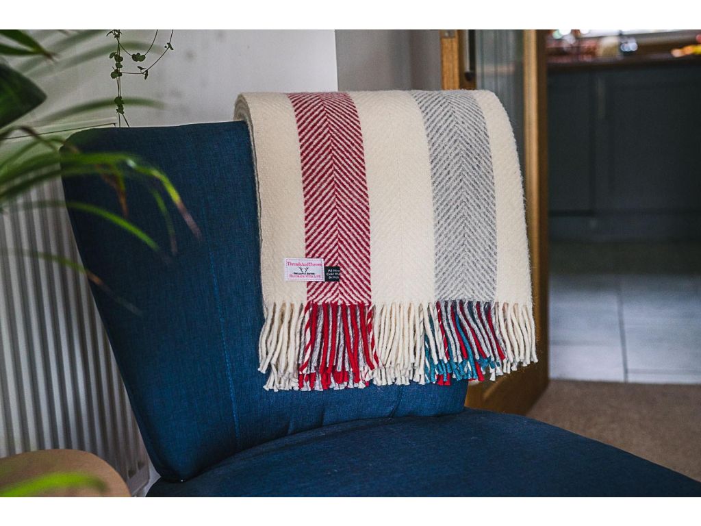 Stripe Berry 100% Wool Herringbone Sofa Throw and Bed Blanket