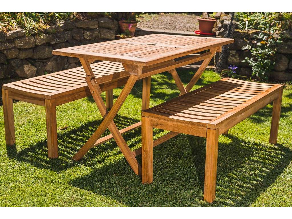 Solid Teak 1.2m Rectangular Folding Table and Backless Bench Patio Set
