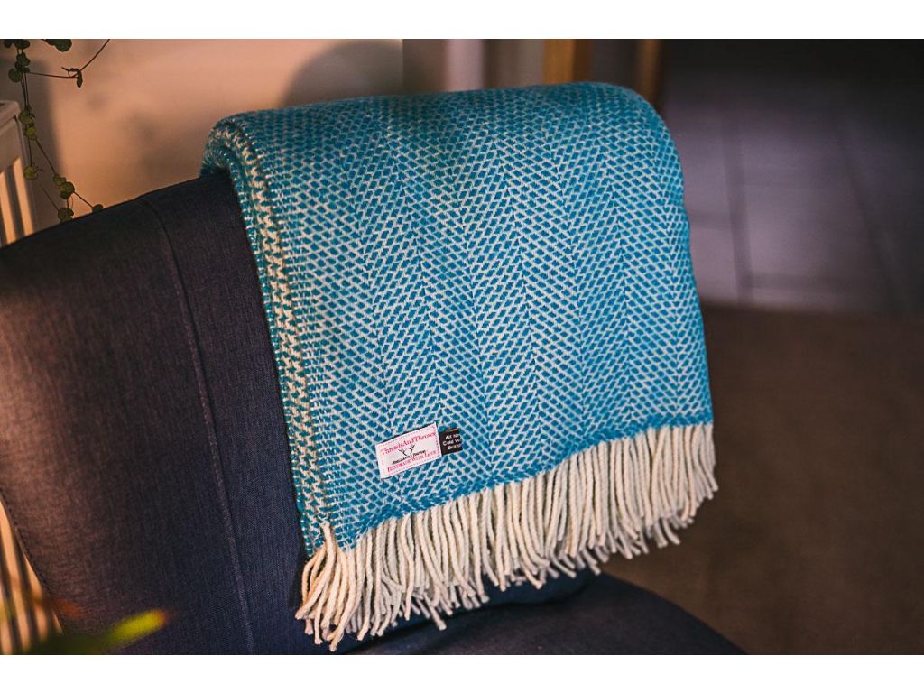 Turquoise Beehive 100% Wool Sofa Throw and Bed Blanket