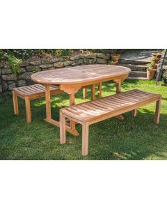 1.6m Solid Teak Oval Pedestal Table and 2 Backless Bench 6 Seater Patio Set