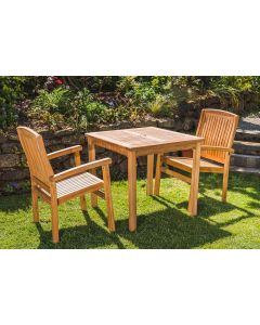 80cm Solid Teak Square Fixed Table and 2 Charlotte Stacking Chair Patio Set