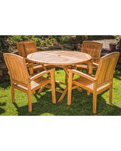 Luxury Teak 1.2m Circular Folding Table with 4 Solid Stacking Charlotte chairs