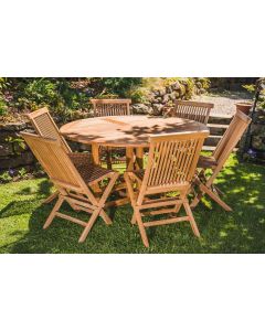 Luxury Teak Garden Patio Set 1.4m Circular Folding Pedestal Table and 6 Folding Chairs