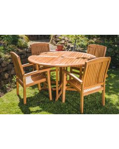 Premium Teak 1.4m Circular Folding Pedestal Table and 4 Solid Stacking Charlotte chairs