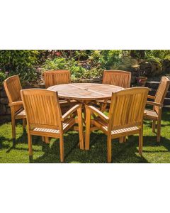 Solid Teak 1.2m Circular Folding Table and 6 Charlotte Stacking Chairs Patio Set