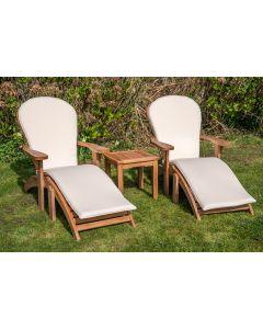 Teak Adirondacks with Footstools Deluxe Chair Set with Rectangular Coffee Table and Cushions