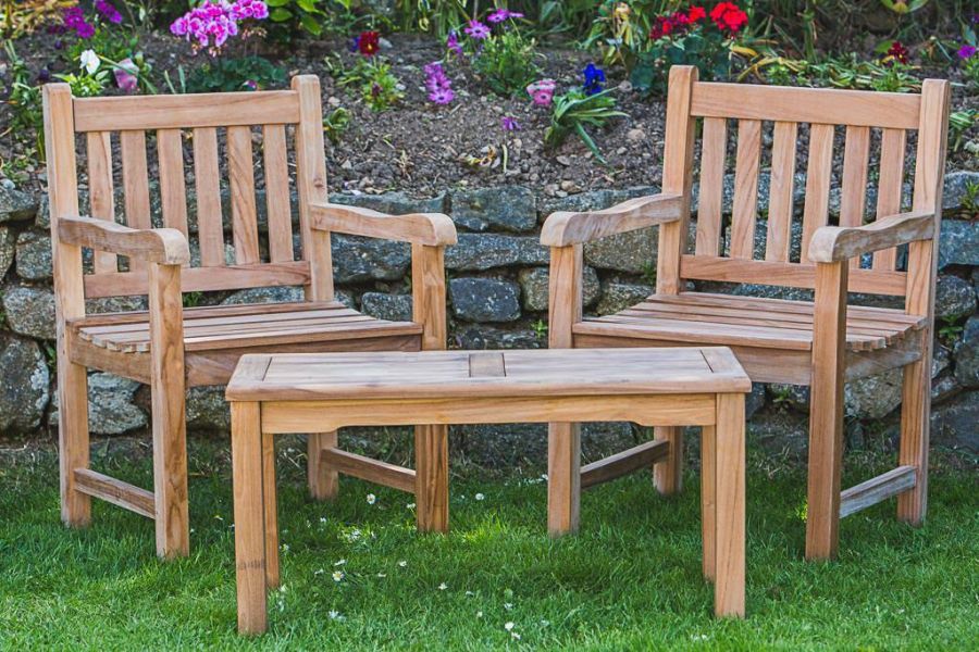 2 Seater Solid Teak Companion Set - Fixed Rectangular Garden Table and Chair Set