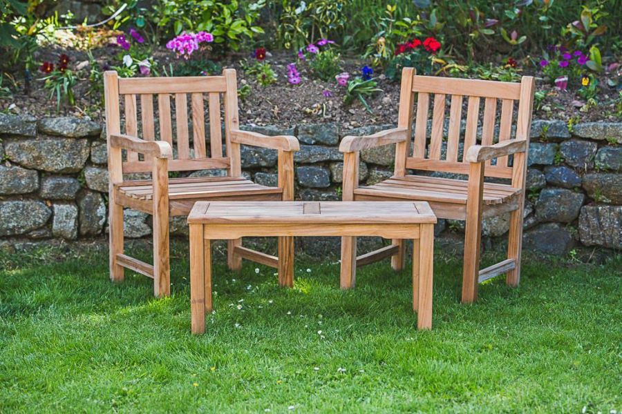 2 Seater Solid Teak Companion Set - Fixed Rectangular Garden Table and Chair Set