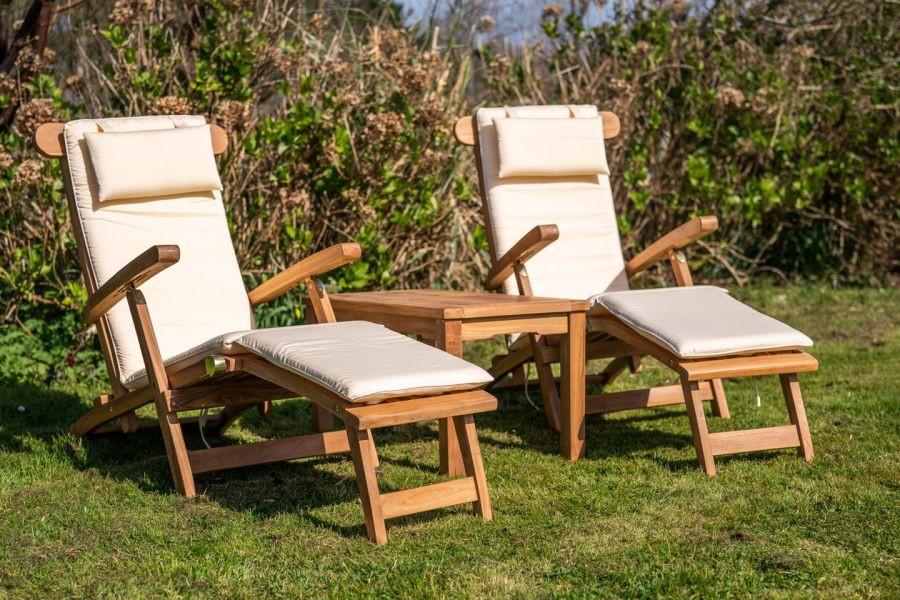 Teak Solid Wood Sun Lounger Couples Set with Large Coffee Table and Cushions
