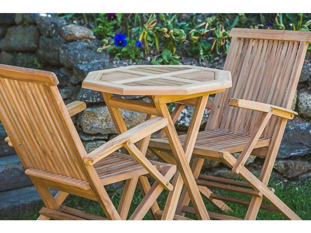 60cm octagonal 2 seater solid teak folding table and arm chair patio furniture set 2