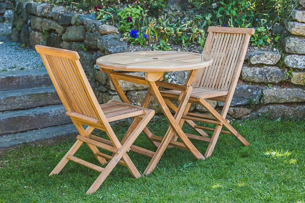 Circular Solid Teak 80cm Folding Table and Chair 2 Seater Patio Furniture Set
