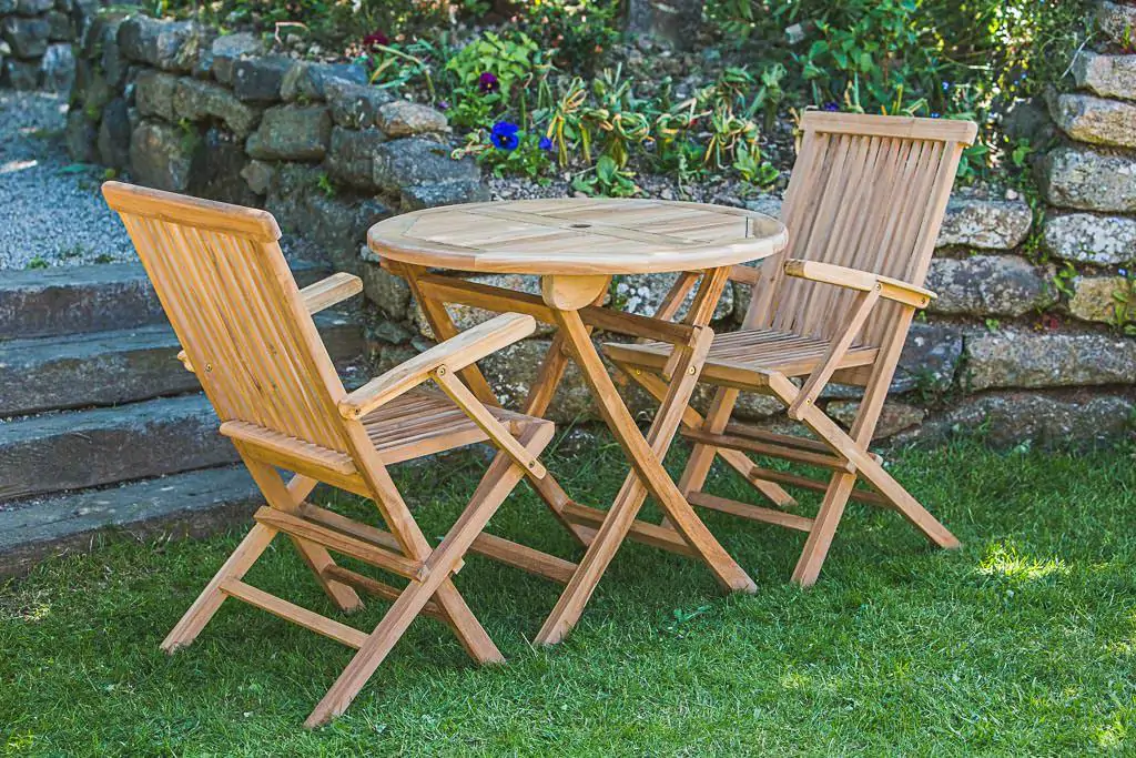 Folding 80cm Solid Teak 2 Seater Round Garden Table and Arm Chair Set