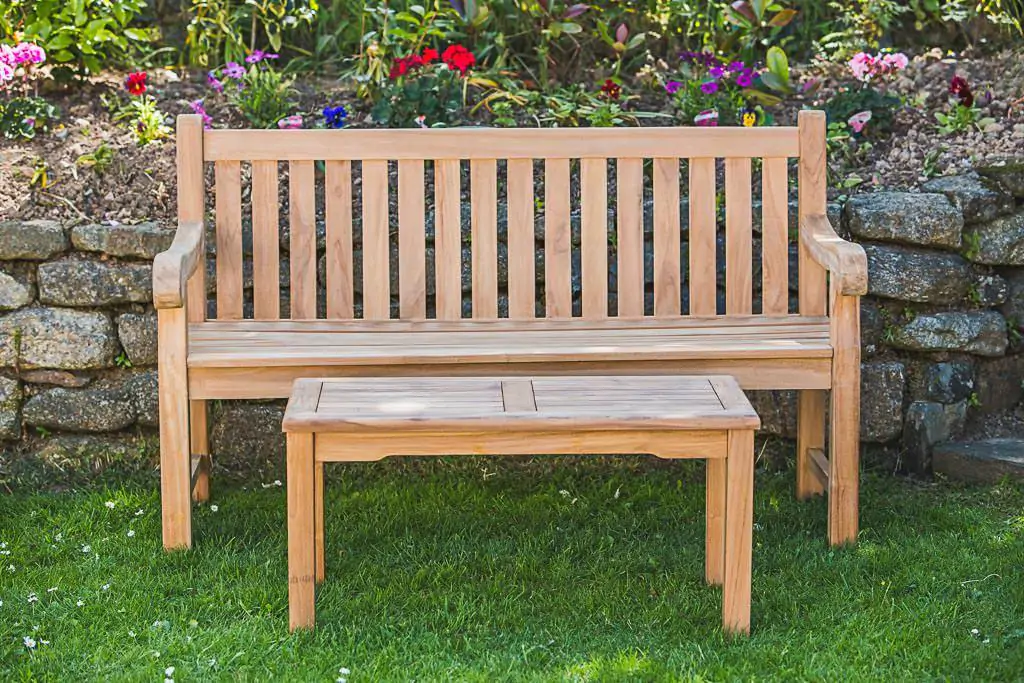 Solid Teak Patio Furniture Set – Elizabeth Patio Bench and Rectangular Coffee Table