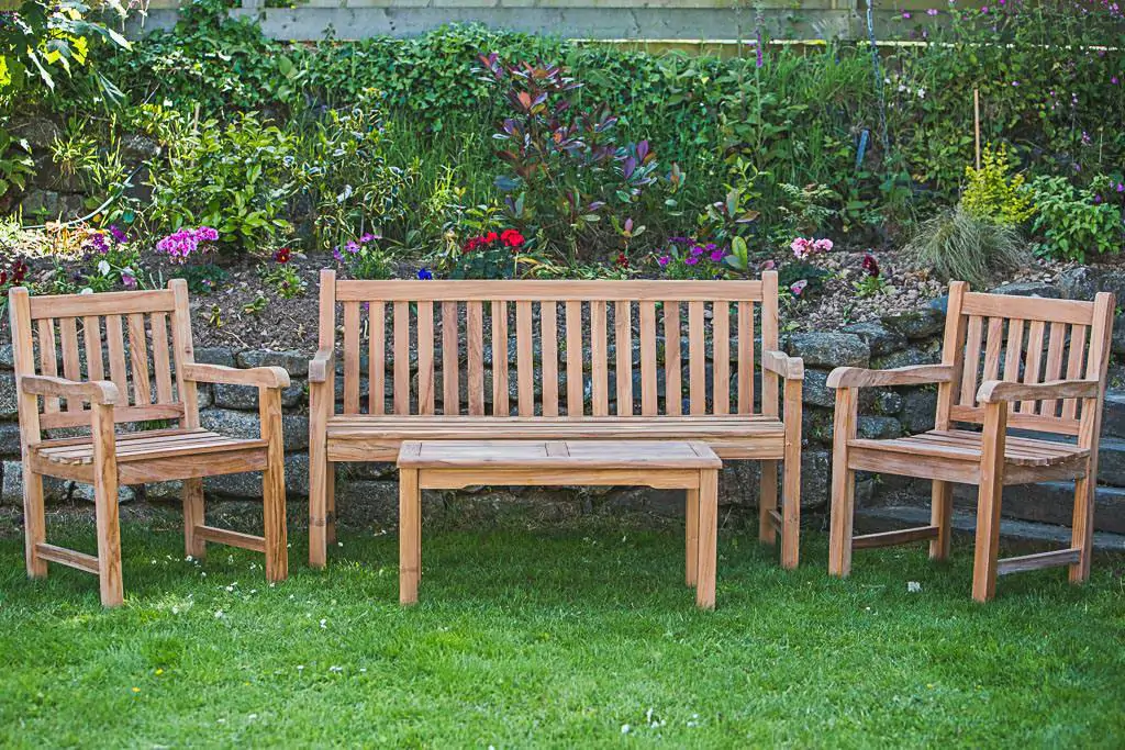 Solid Teak Garden Furniture Set – Catherine Garden Bench, Fixed Garden Arm Chairs and Rectangular Coffee Table