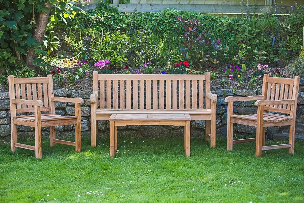 Solid Teak Patio Furniture Set – Elizabeth Patio Bench, Fixed Patio Arm Chairs and Rectangular Coffee Table