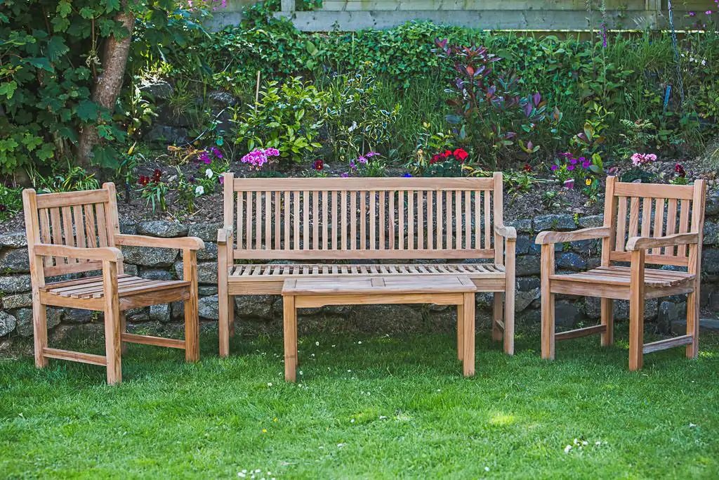 Solid Teak Pato Table and Chair Set – Eleanor Patio Bench, Fixed Patio Arm Chairs and Rectangular Coffee Table