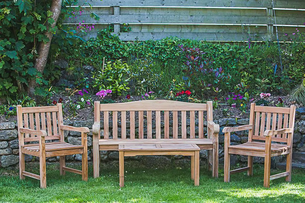 Solid Teak Garden Furniture Set – Victoria Garden Bench, Fixed Garden Arm Chairs and Rectangular Coffee Table