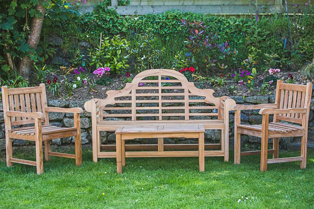 Solid Teak Patio Furniture Set – Lutyens Garden Bench, Fixed Garden Arm Chairs and Rectangular Coffee Table