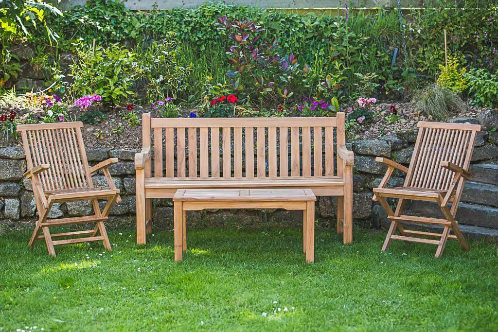 Solid Teak Outdoor Furniture Set – Elizabeth Garden Bench, Rectangular Coffee Table and Folding Garden Arm Chairs