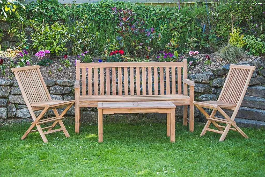 Solid Teak Patio Furniture Set – Catherine Garden Bench, Rectangular Coffee Table and Folding Garden Chairs