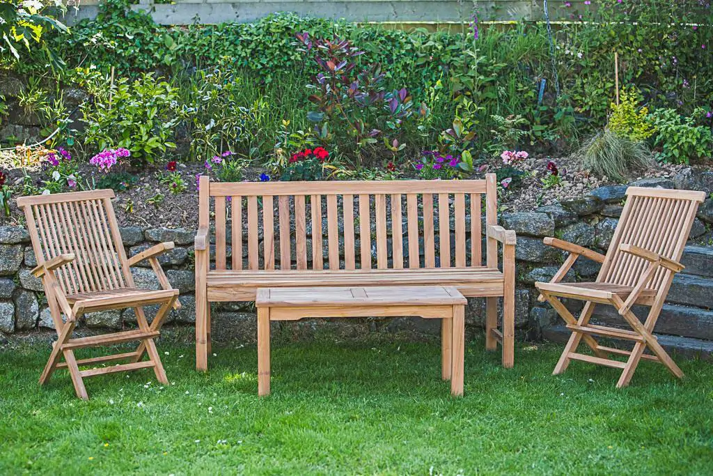 Solid Teak Outdoor Furniture Set – Catherine Patio Bench, Rectangular Coffee Table and Folding Patio Arm Chairs