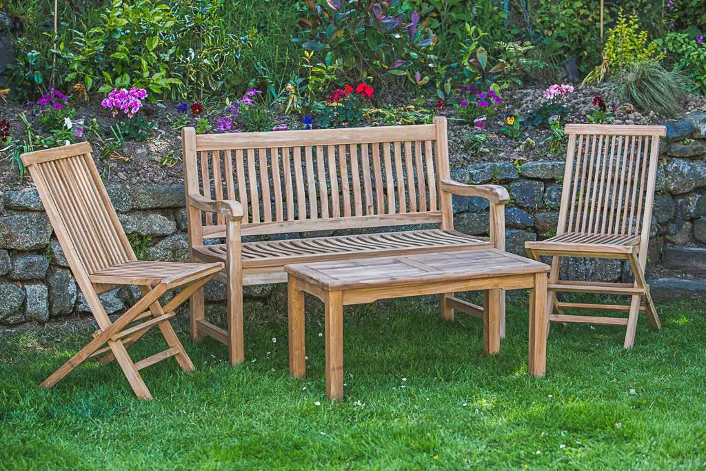 Solid Teak Patio Table and Chair Set – Eleanor Patio Bench, Folding Patio Chairs and Rectangular Coffee Table