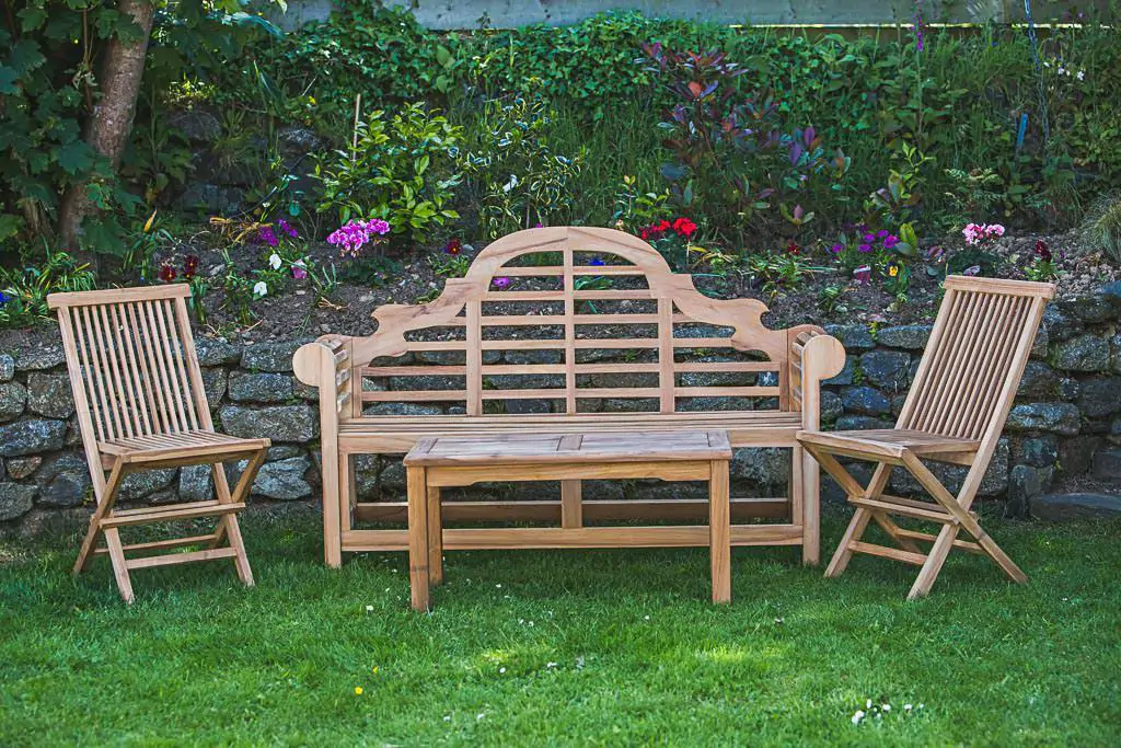 Solid Teak Outdoor Furniture Set – Lutyens Garden Bench, Folding Garden Chairs and Rectangular Teak Table