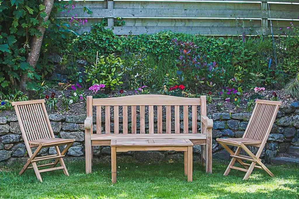 Solid Teak Bench and Table Set – Victoria Garden Bench, Rectangular Coffee Table and Folding Teak Chairs