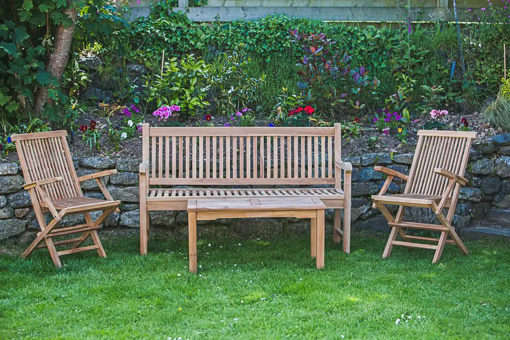 Solid Teak Garden Table and Chair Set – Eleanor Garden Bench, Folding Garden Arm Chairs and Rectangular Teak Table