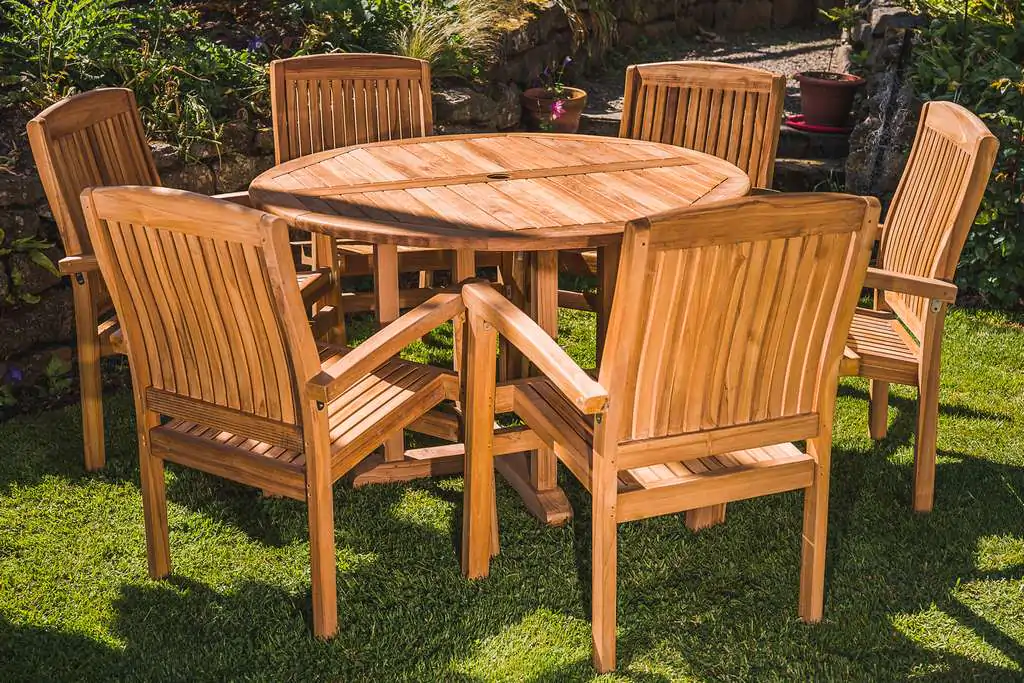 Premium 120cm Teak Pedestal Table with 6 Stacking Armchairs set