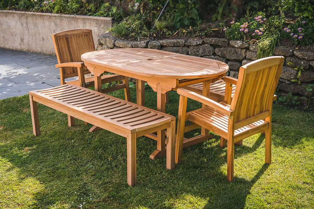 Fixed Teak Oval 1.6m Pedestal Patio Set with 2 Stacking Charlotte Chairs and 2 Backless Benches