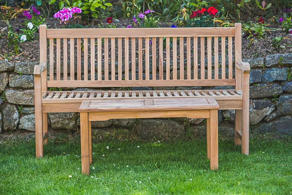Solid Teak Patio Bench and Table Set – Eleanor Garden Bench and Rectangular Coffee Table