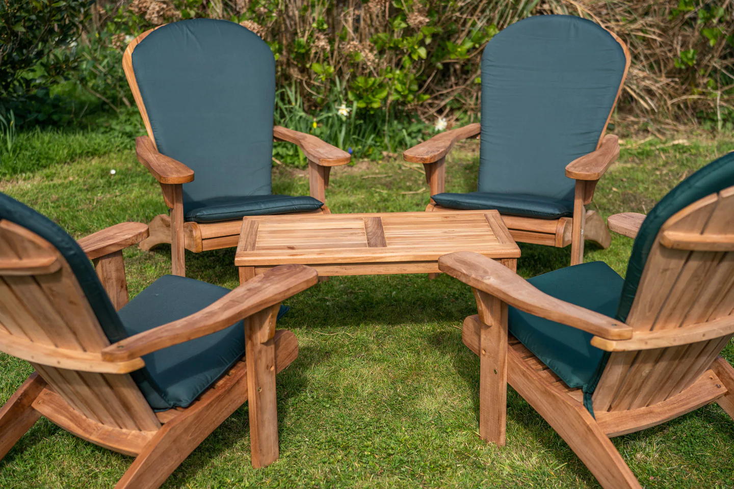 Family Teak Adirondack Set with Coffee Table and Cushions