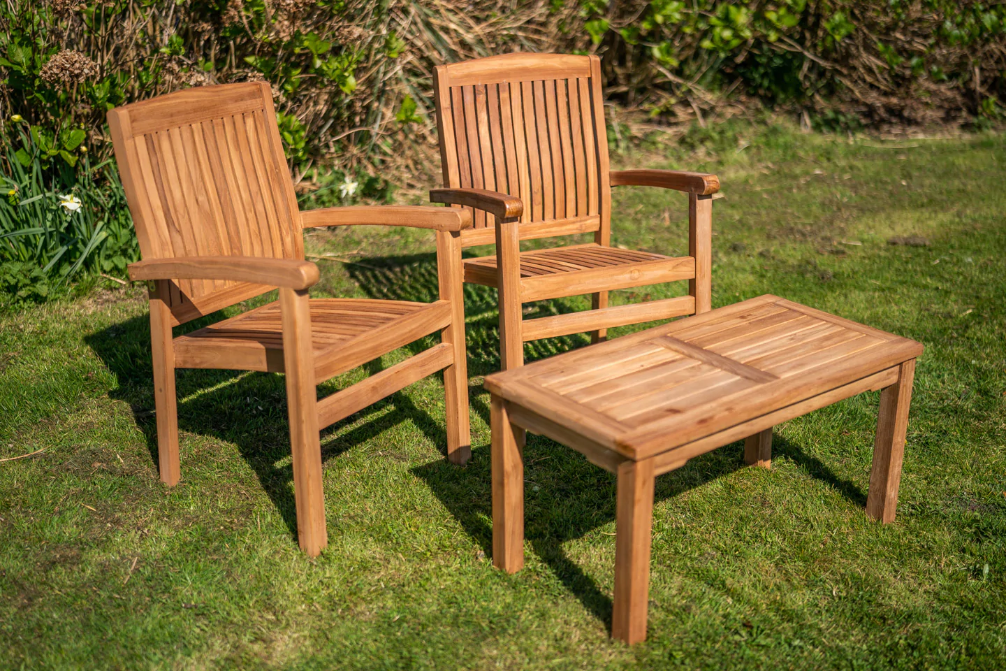 Fixed Teak Charlotte Stacking Double Chair and Coffee Table Loveseat Set