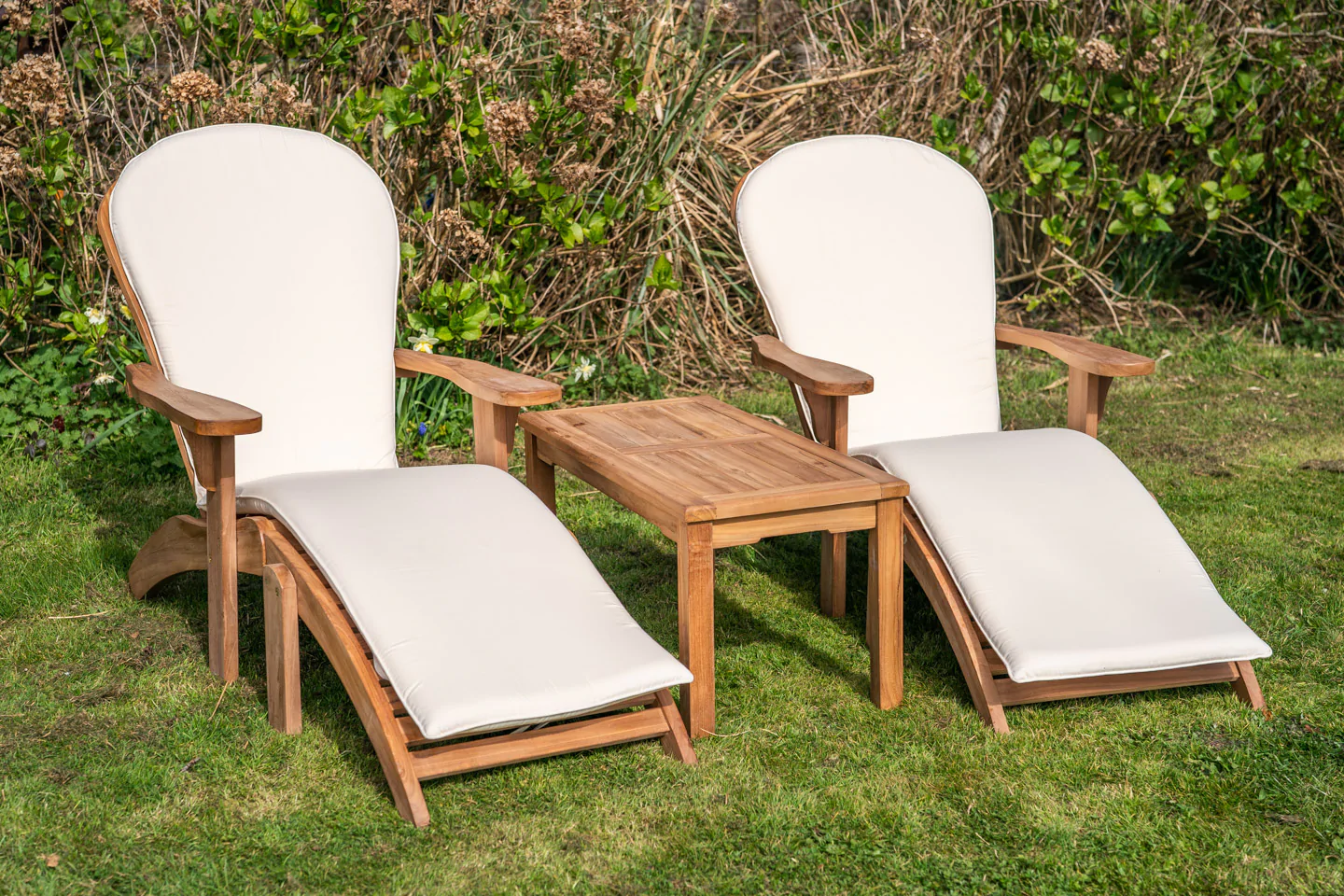 Teak Double Adirondack and Footstool  Set with Large Coffee Table and Cushions