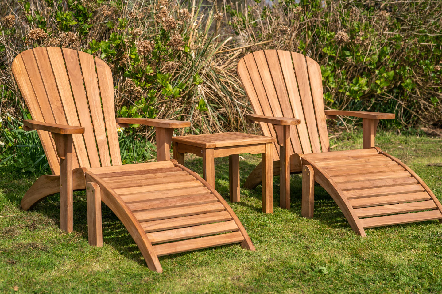 Teak Adirondack and Footstool Double Set with Square Coffee Table