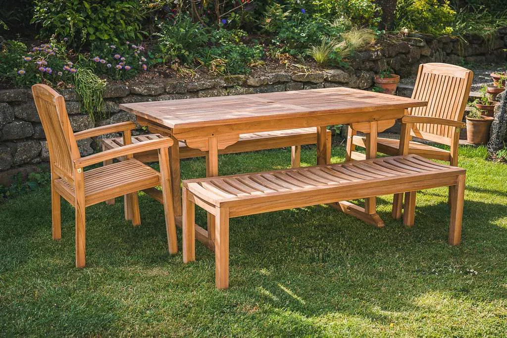 Fixed Teak 1.6m Rectangular Pedestal Patio Set with 2 Stacking Charlotte Chairs and 2 Backless Benches