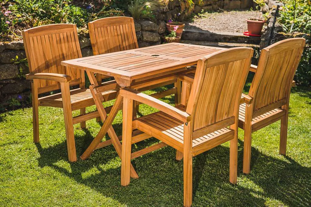 Solid Teak 1.2m Rectangular Folding Table and 4 Charlotte Stacking Chairs Patio Set