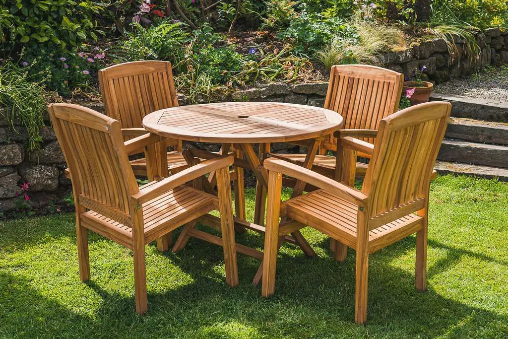Solid Teak 1m Circular Folding Table with 4 Charlotte Stacking Chairs Patio Set