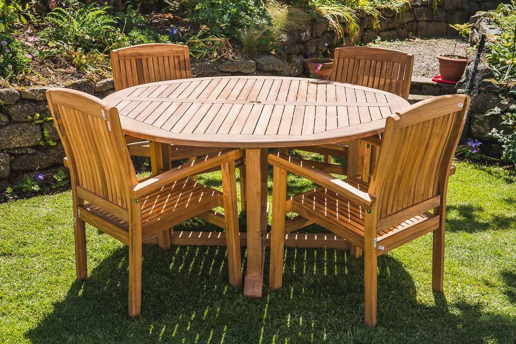 Solid Teak 1.5m Fixed Pedestal Table and 4 Charlotte Stacking Chairs Garden Furniture Set