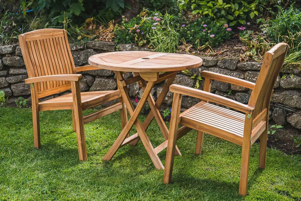 Solid Teak 80cm Folding Table and Two Charlotte Stacking Chairs Patio Set
