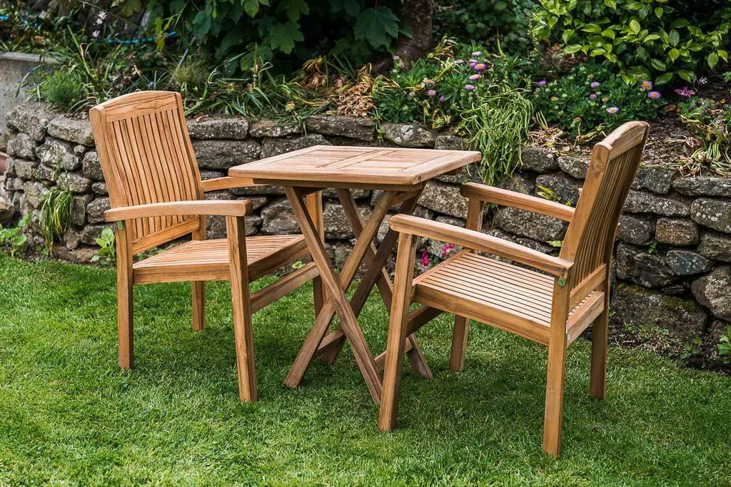 Solid Teak 60cm Square Folding Table and 2 Charlotte Stacking Chairs