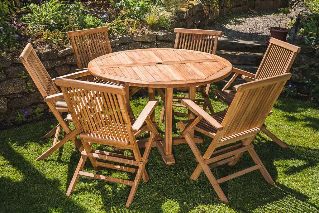 Solid Teak 1.2m Pedestal Table and 6 Folding Armchairs Patio Set
